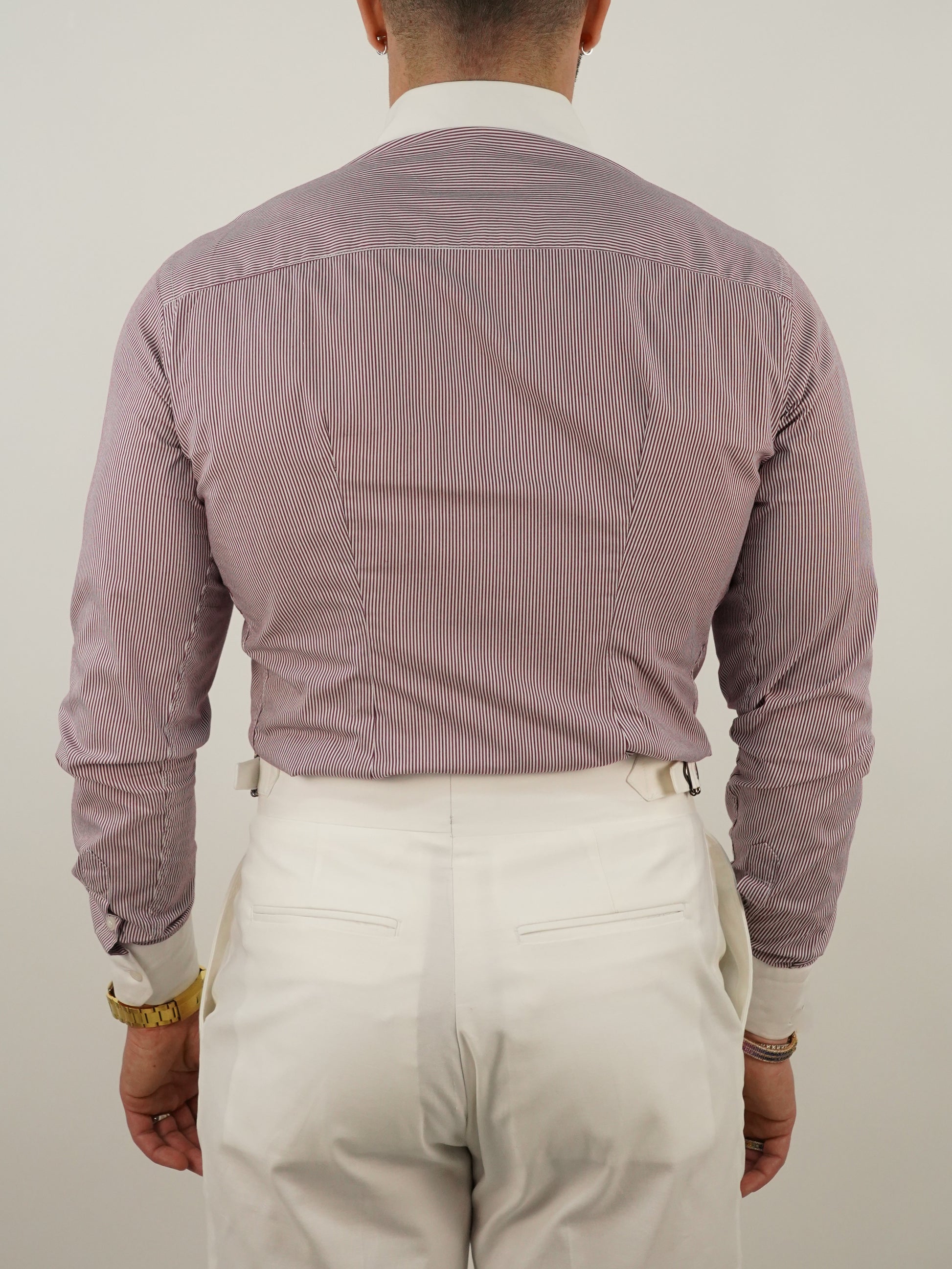 Camicia fantasia mille righe collo a vela con bottoni a scomparsa bordeaux