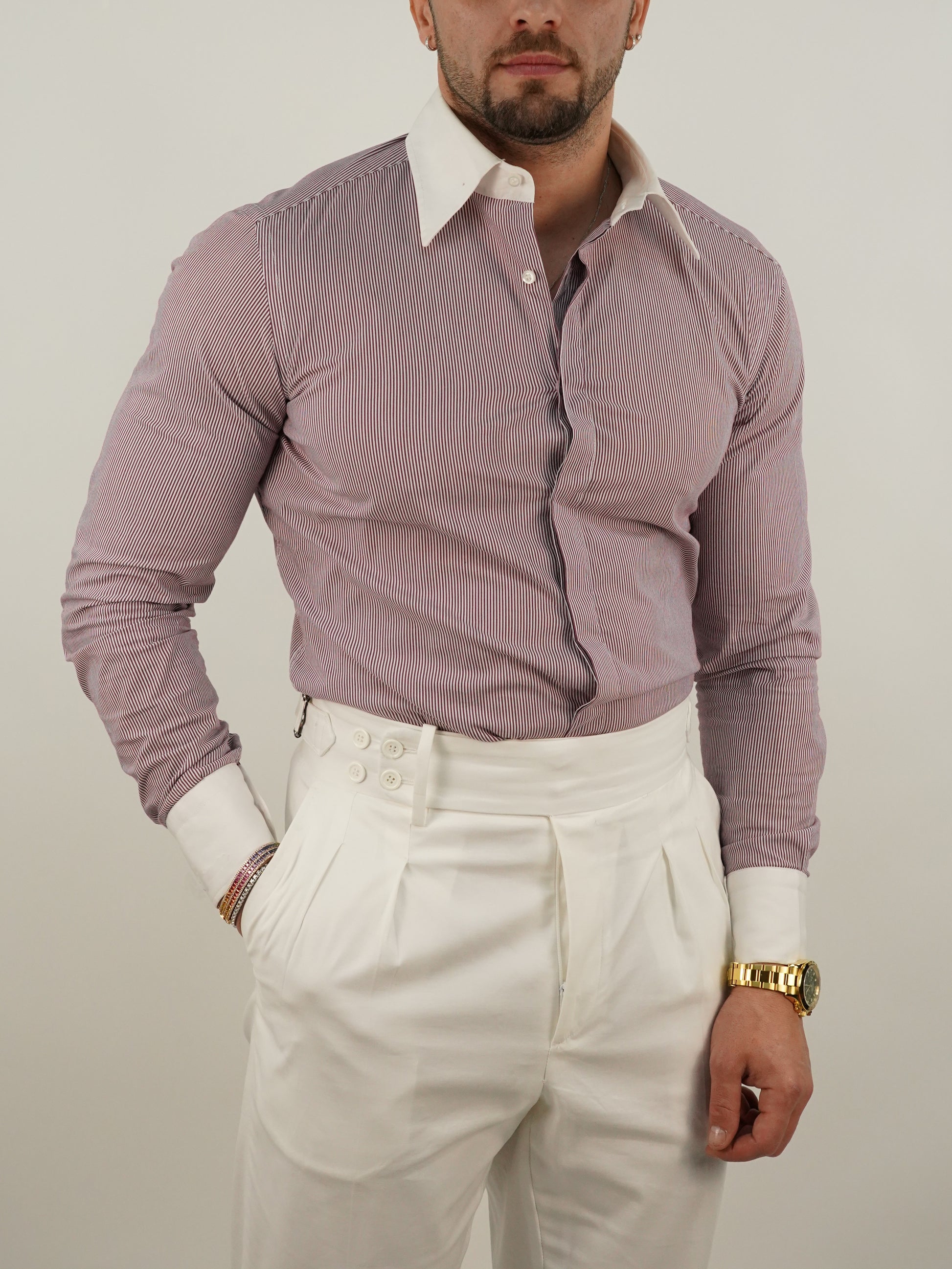 Camicia fantasia mille righe collo a vela con bottoni a scomparsa bordeaux