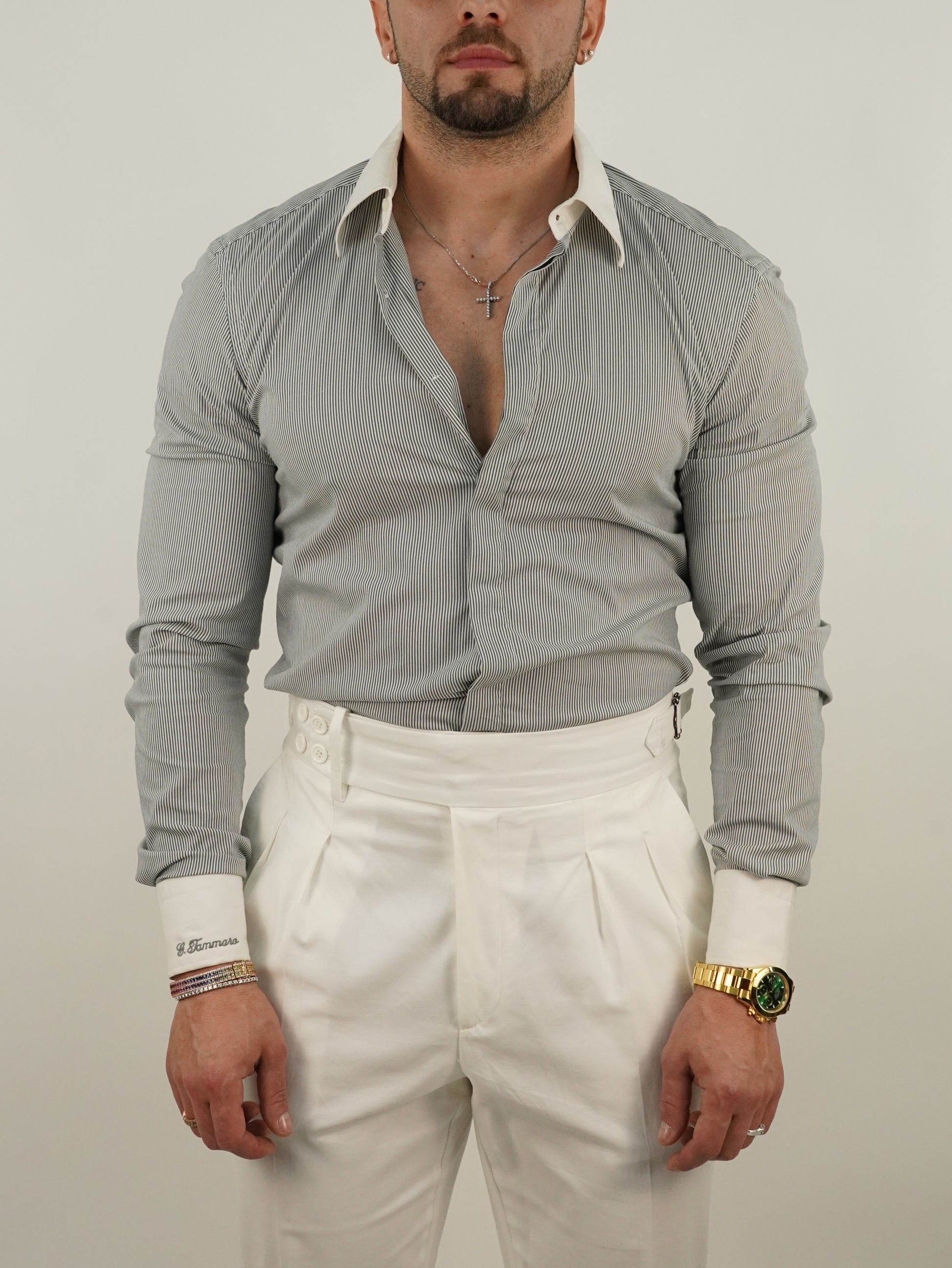 Camicia fantasia mille righe collo a vela con bottoni a scomparsa verde