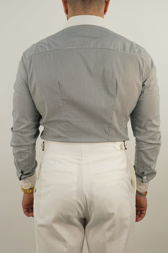 Camicia fantasia mille righe collo a vela con bottoni a scomparsa verde