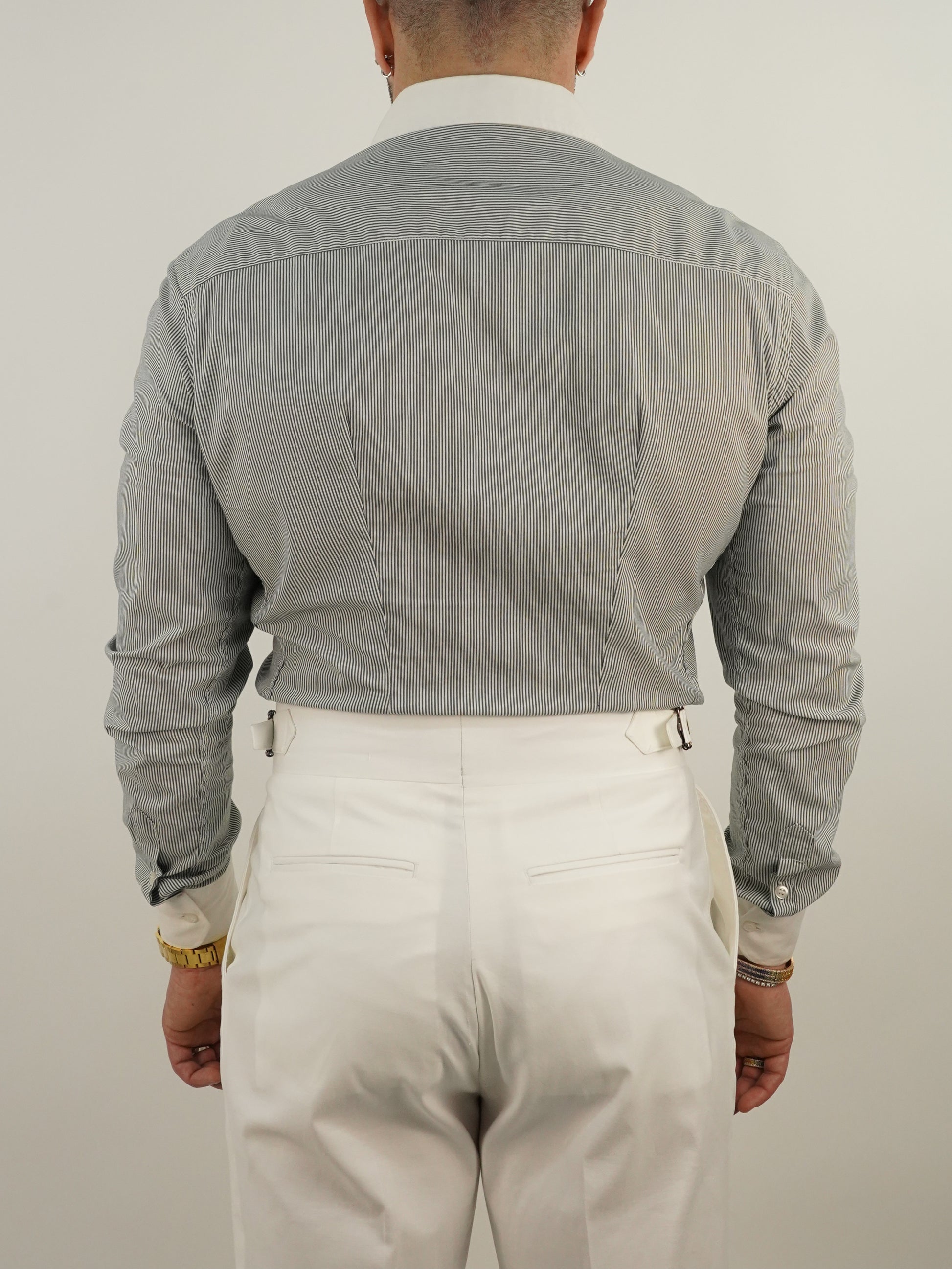 Camicia fantasia mille righe collo a vela con bottoni a scomparsa verde