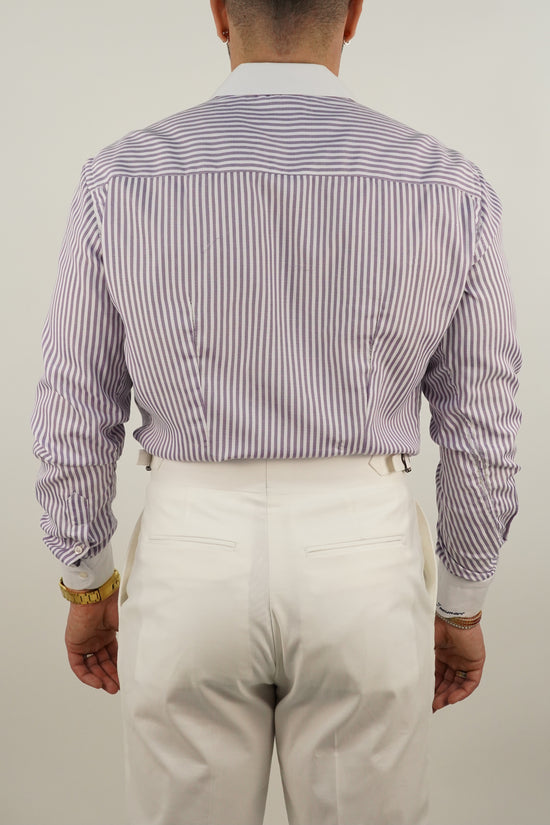 Camicia collo club a righe lilla e bianco