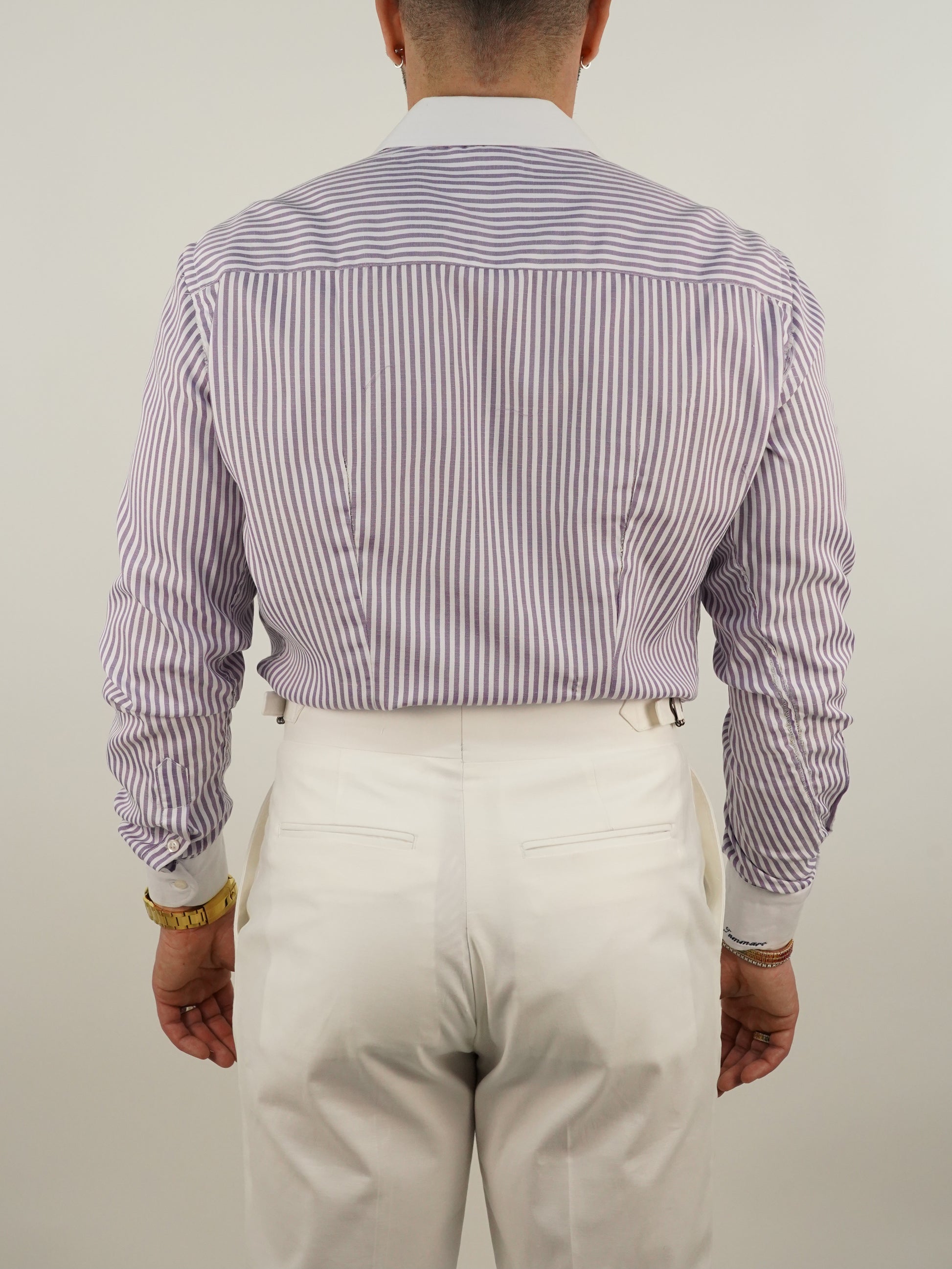 Camicia collo club a righe lilla e bianco