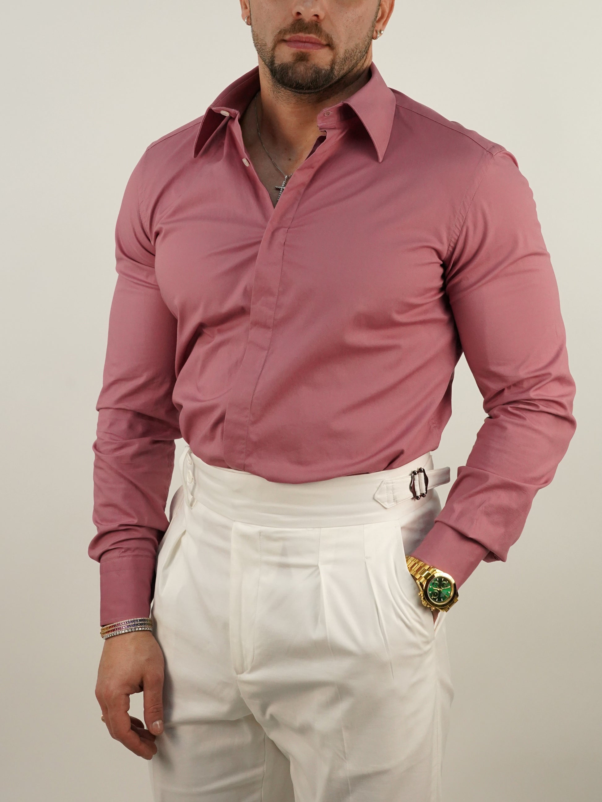 Camicia collo a vela con bottoni a scomparsa rosa