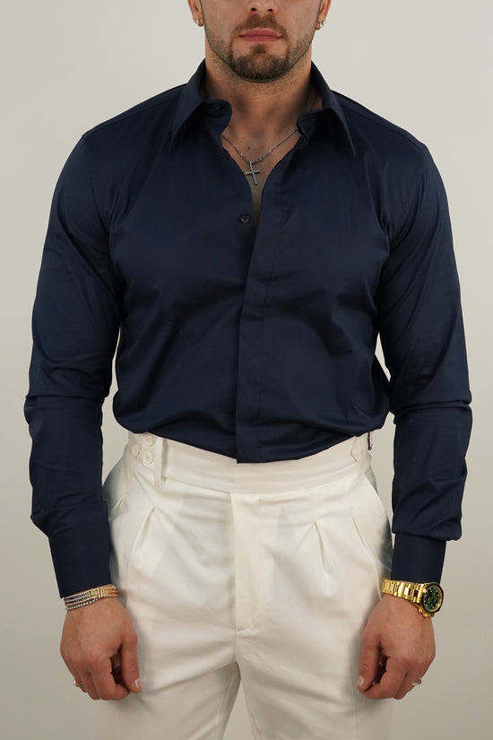 Camicia collo a vela con bottoni a scomparsa blu