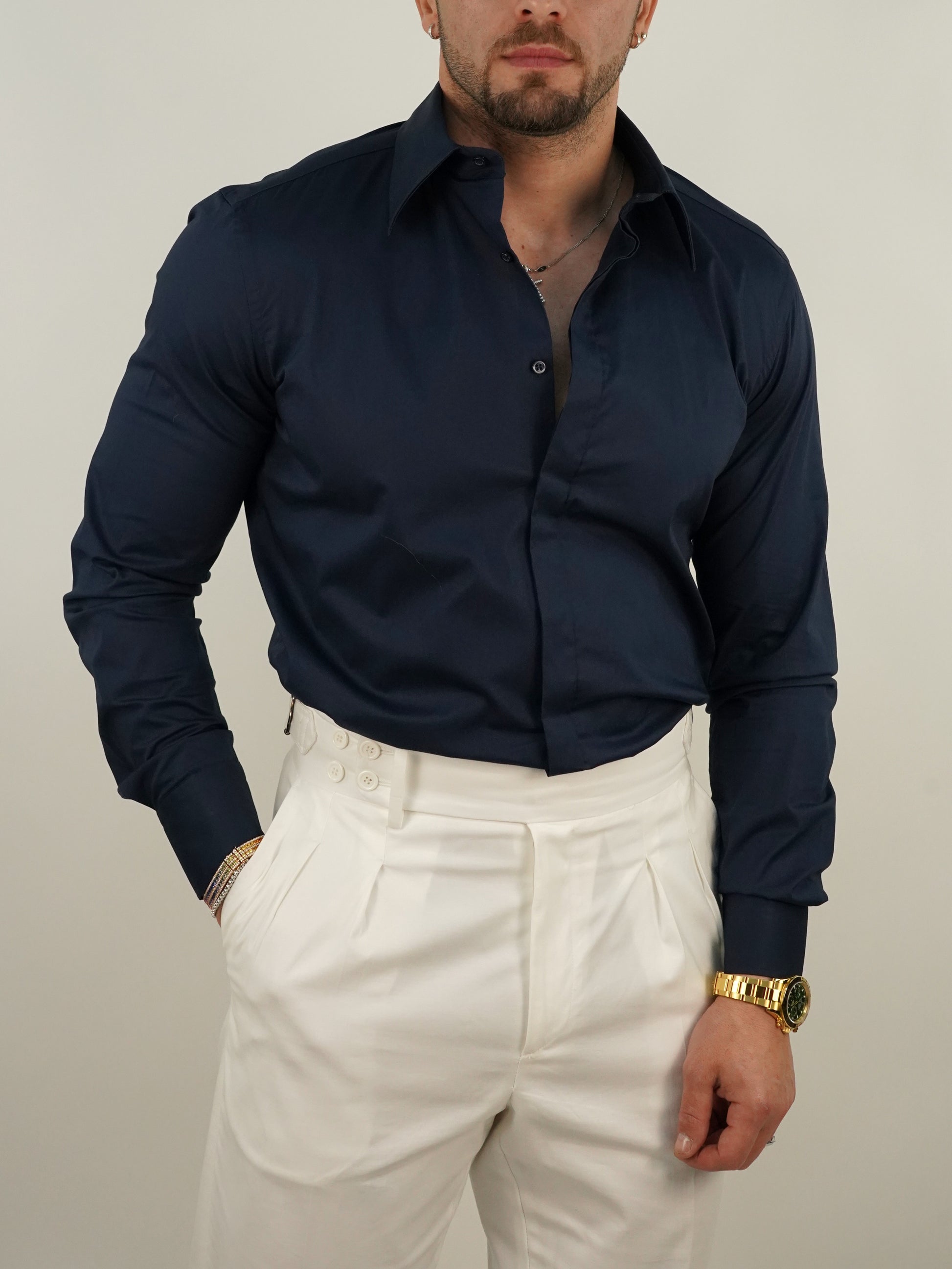 Camicia collo a vela con bottoni a scomparsa blu