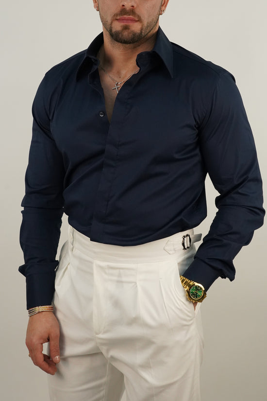 Camicia collo a vela con bottoni a scomparsa blu