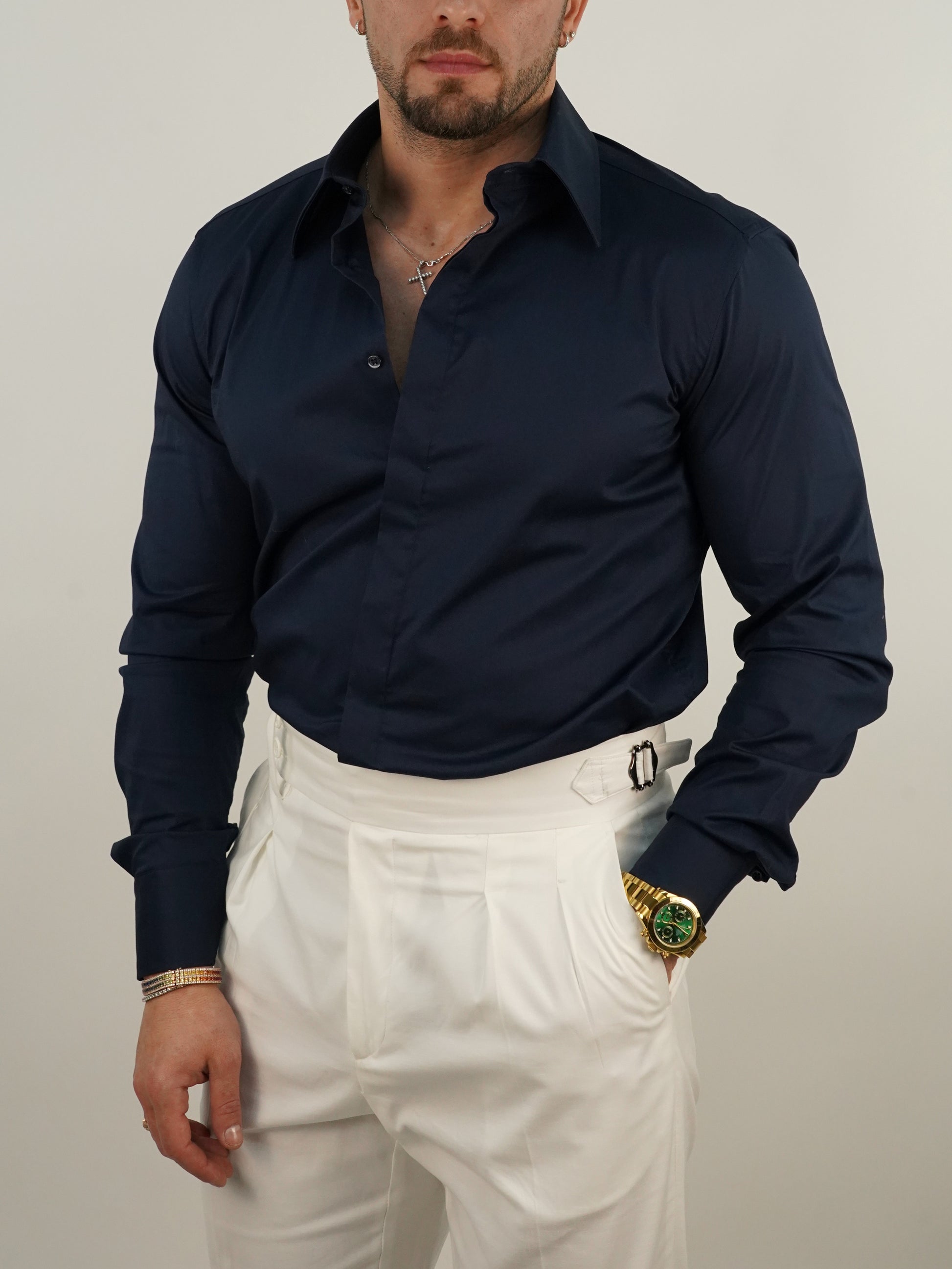 Camicia collo a vela con bottoni a scomparsa blu