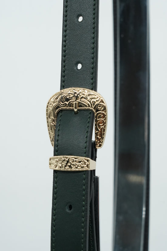 Cintura Texas verde petrolio trittico oro in pelle di vitello primo fiore