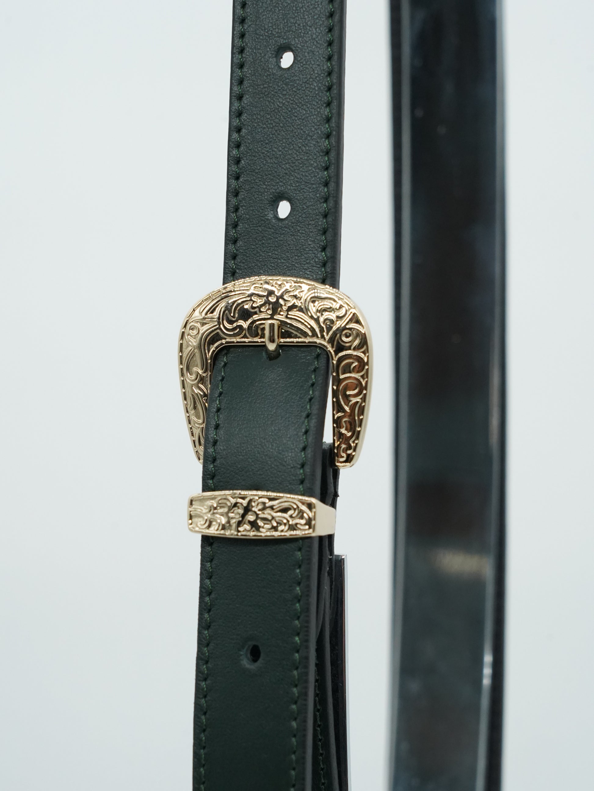 Cintura Texas verde petrolio trittico oro in pelle di vitello primo fiore