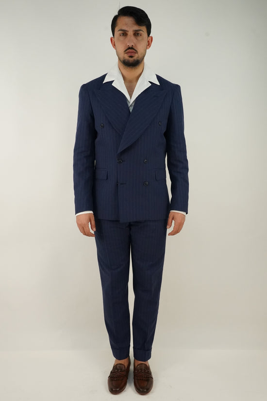 Abito Extensive doppiopetto petto a lancia blu gessato rigo marrone