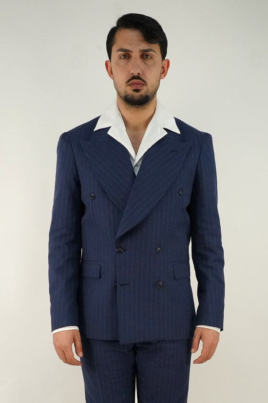 Abito Extensive doppiopetto petto a lancia blu gessato rigo marrone