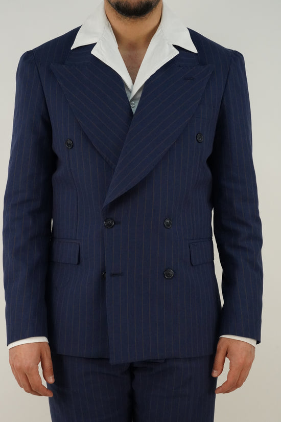 Abito Extensive doppiopetto petto a lancia blu gessato rigo marrone