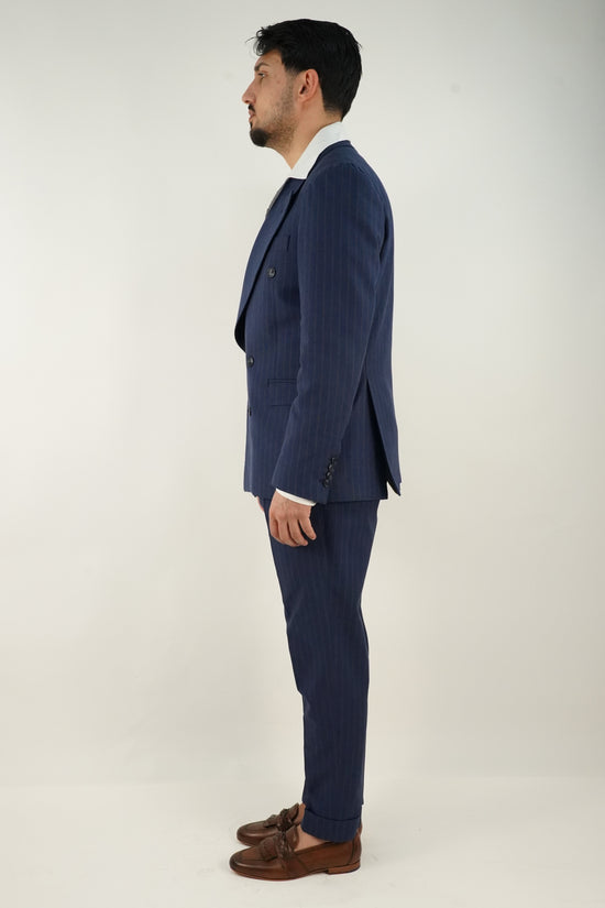 Abito Extensive doppiopetto petto a lancia blu gessato rigo marrone