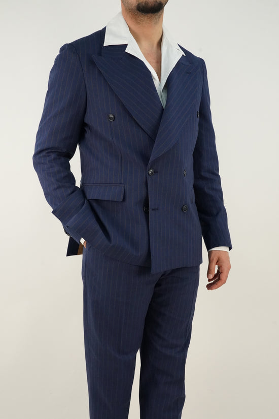 Abito Extensive doppiopetto petto a lancia blu gessato rigo marrone