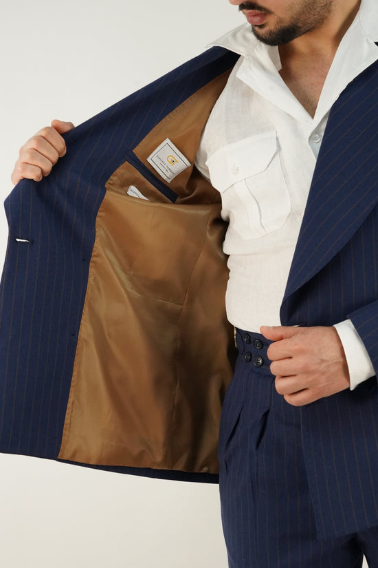 Abito Extensive doppiopetto petto a lancia blu gessato rigo marrone