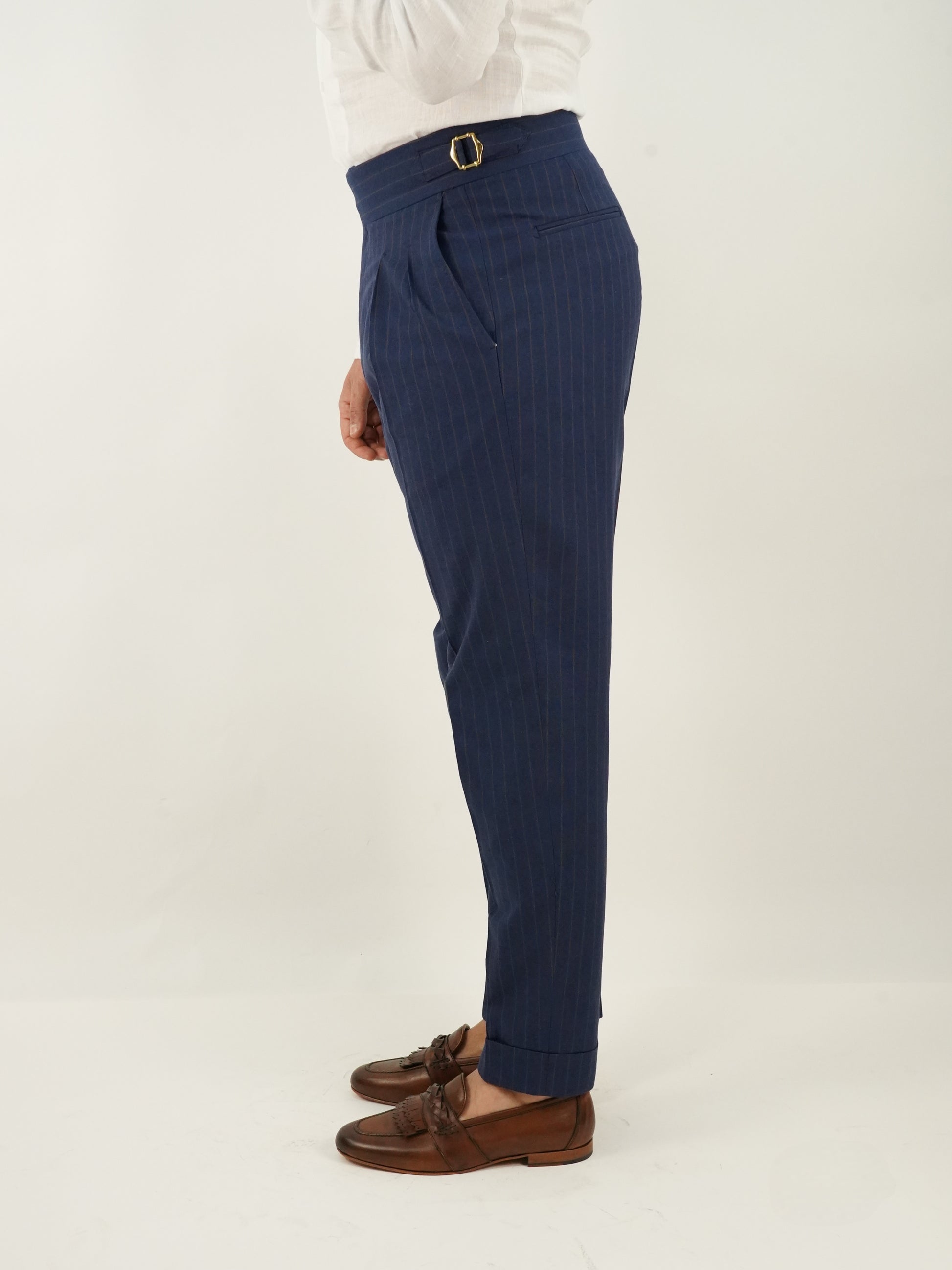 Gurkha blu gessato rigo marrone con 4 bottoni e fibbie stringenti laterali