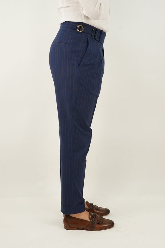 Gurkha blu gessato rigo marrone con 4 bottoni e fibbie stringenti laterali