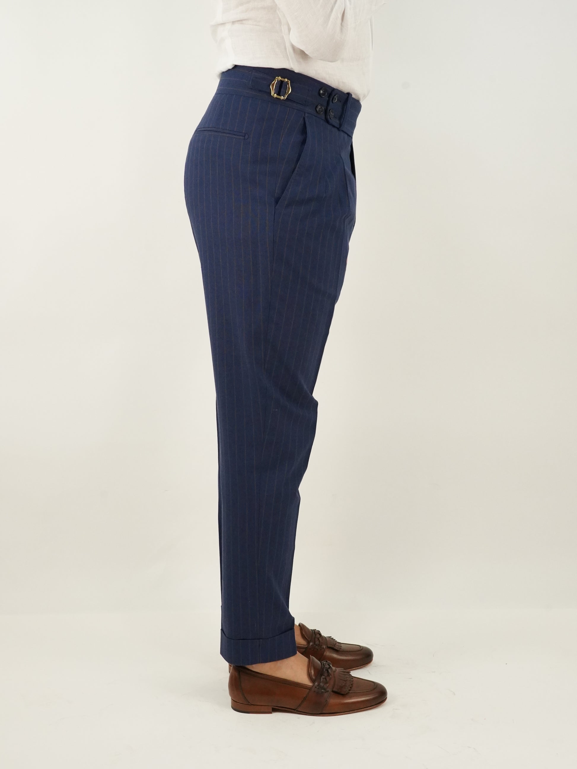 Gurkha blu gessato rigo marrone con 4 bottoni e fibbie stringenti laterali