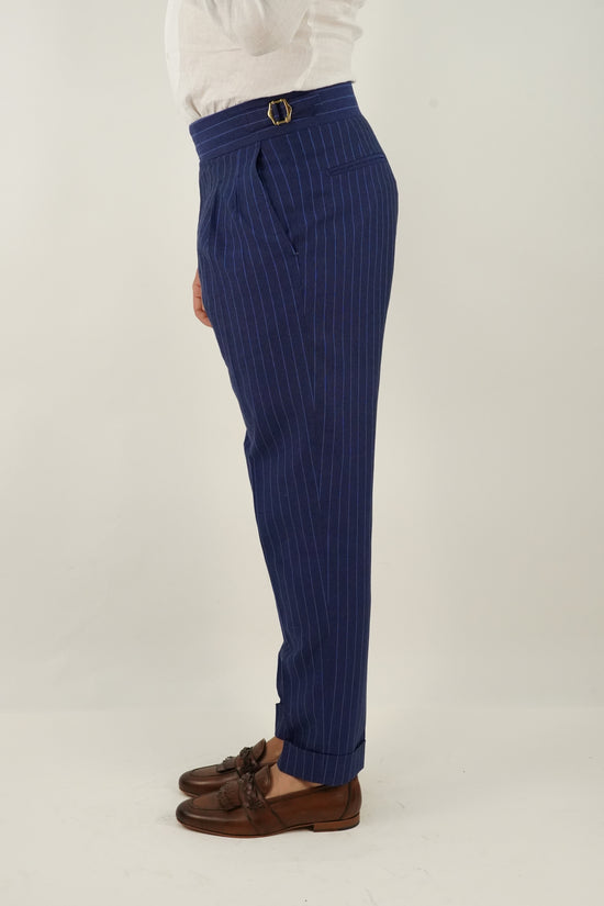 Gurkha blu gessato rigo azzurro con 4 bottoni e fibbie stringenti laterali