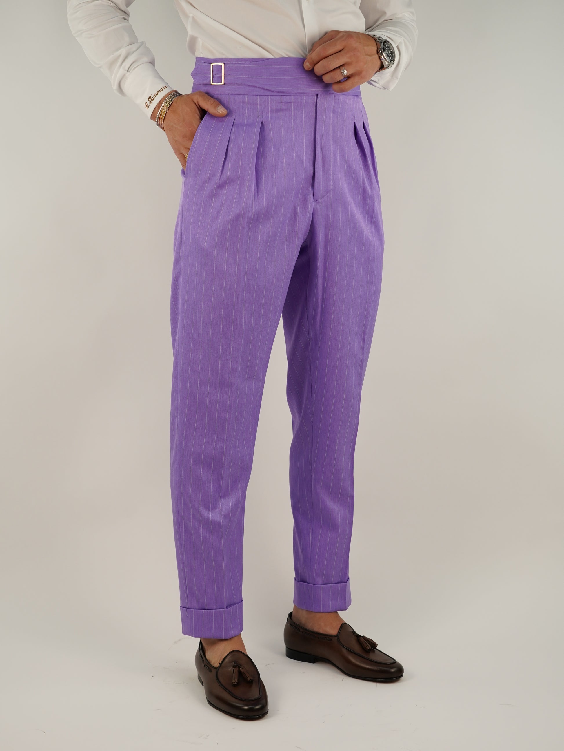 Gurkha lilla gessato con fibbia laterale regolabile