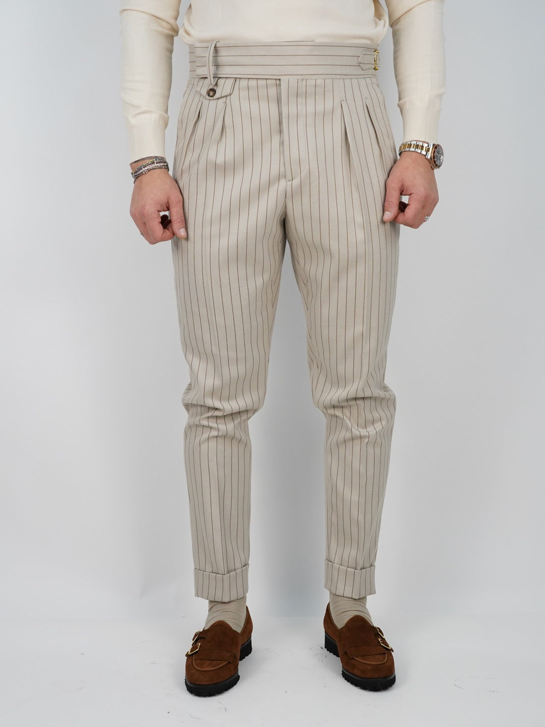 Abito Extensive doppiopetto petto a lancia gessato panna