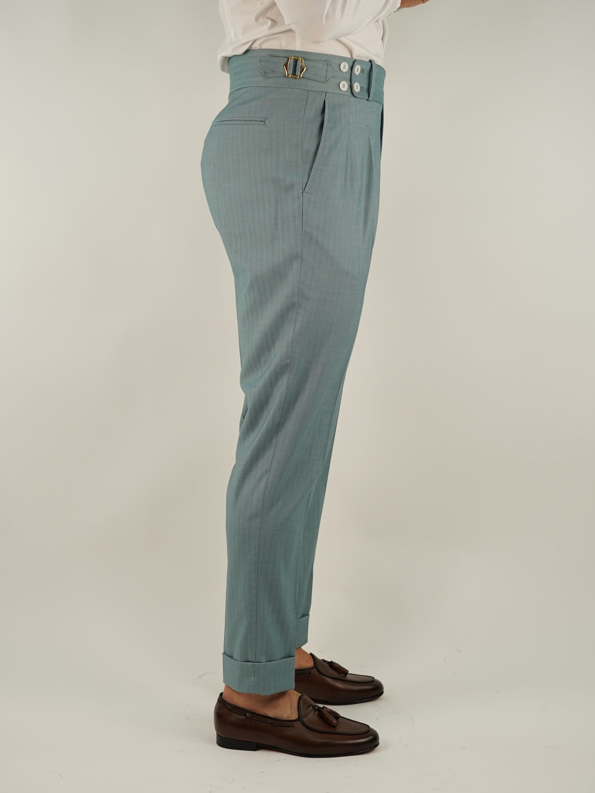 Gurkha verde tiffany con 4 bottoni e fibbie stringenti laterali