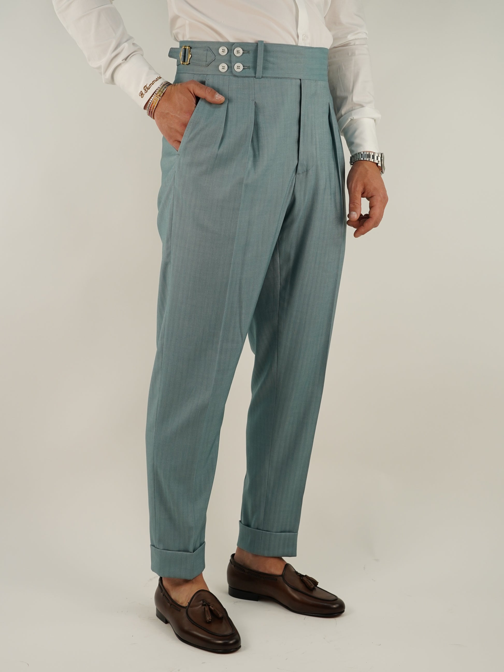 Gurkha verde tiffany con 4 bottoni e fibbie stringenti laterali