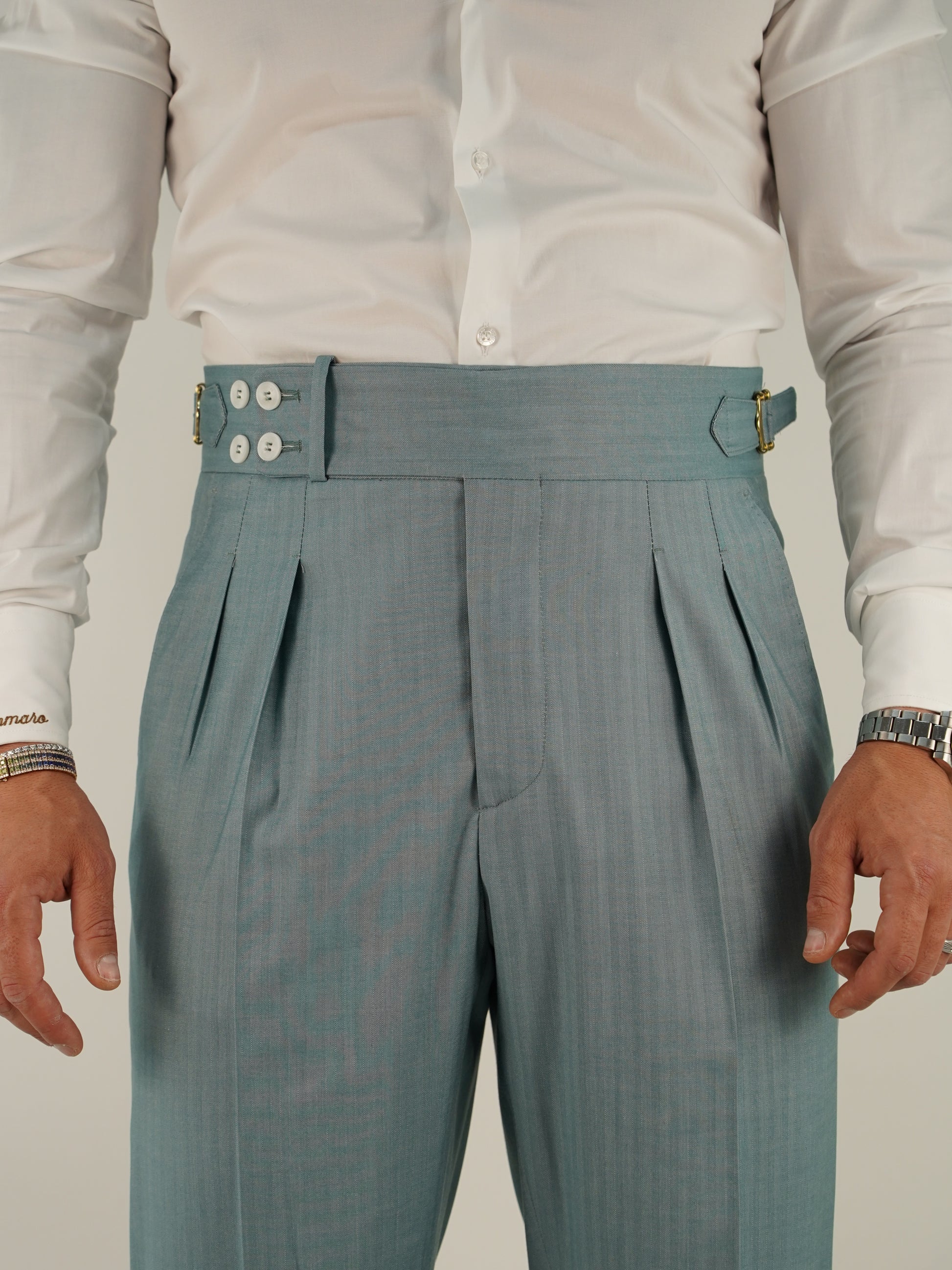 Gurkha verde tiffany con 4 bottoni e fibbie stringenti laterali