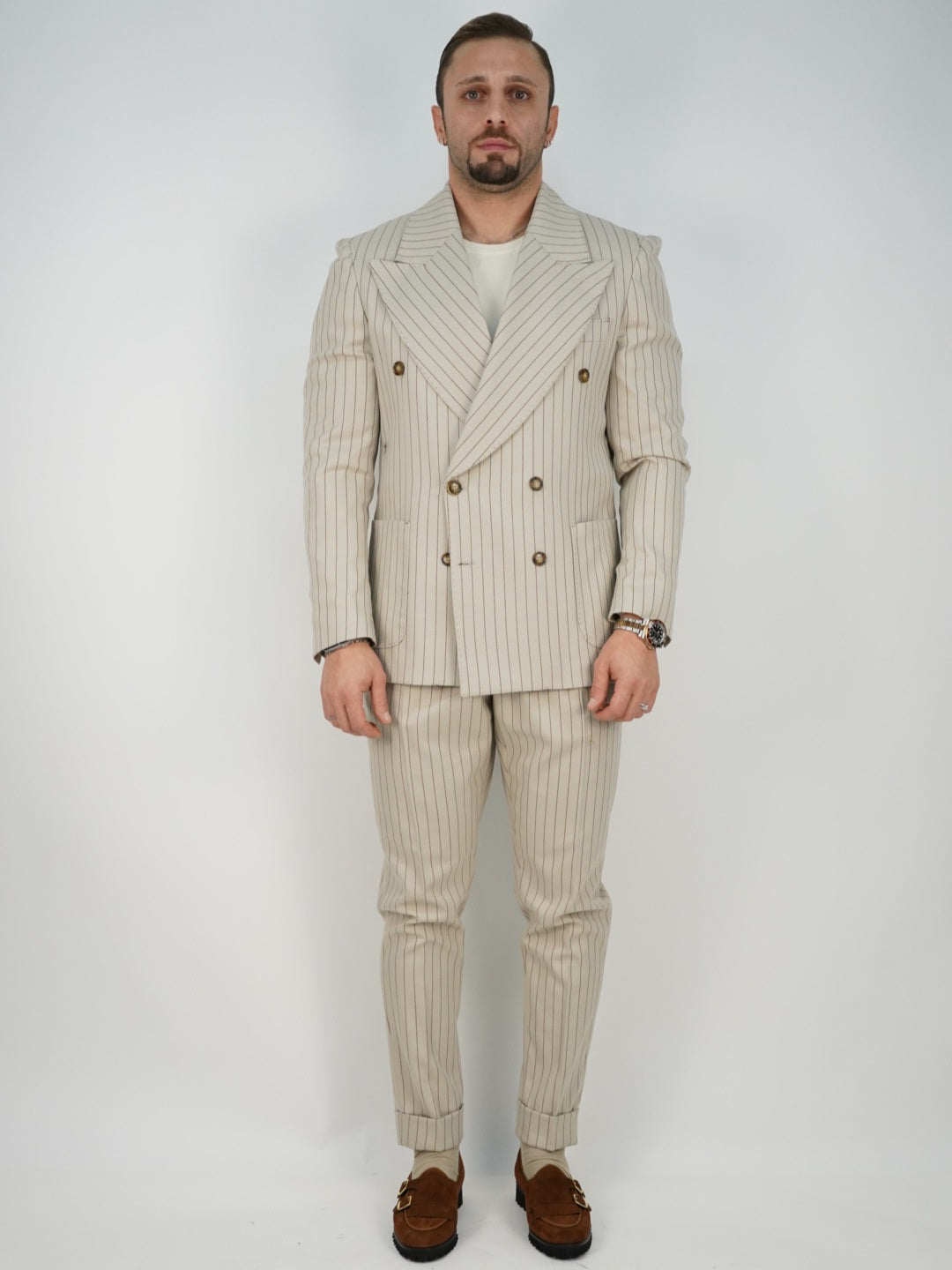 Abito Extensive doppiopetto petto a lancia gessato panna