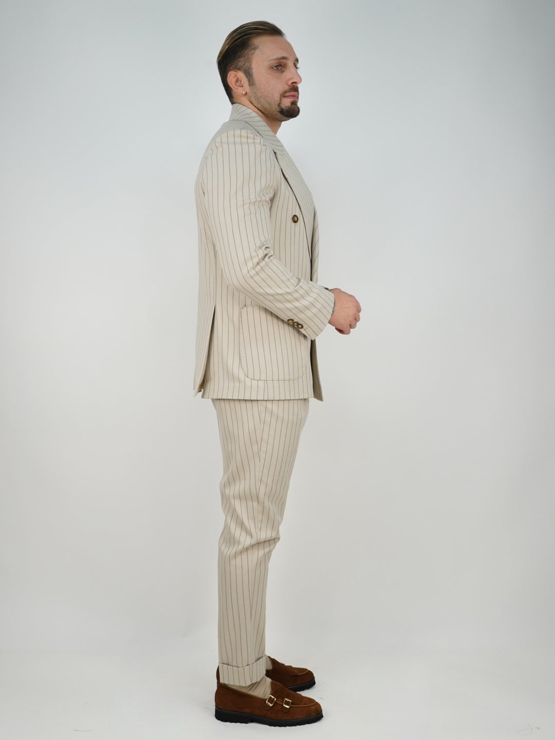 Abito Extensive doppiopetto petto a lancia gessato panna