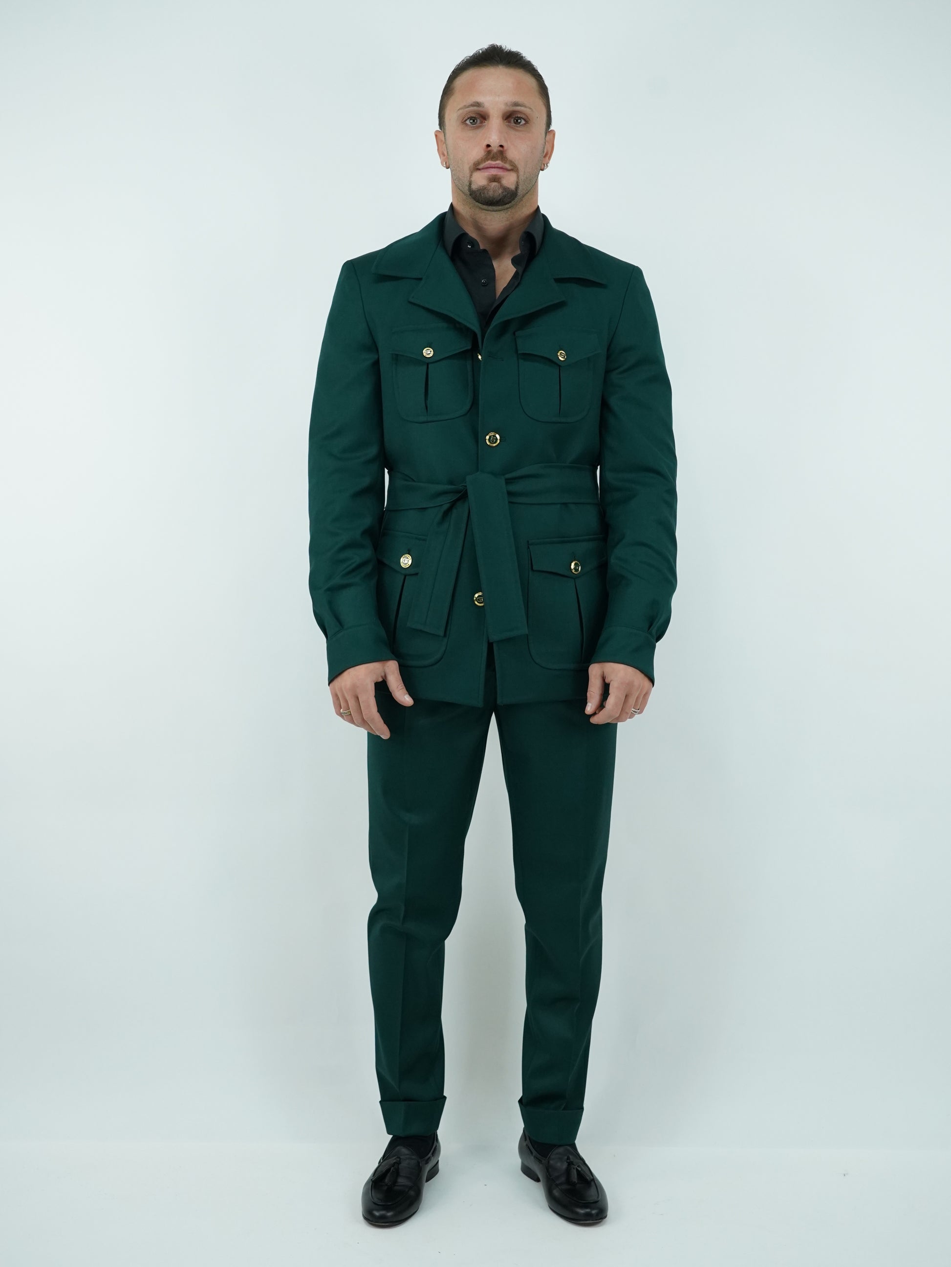 Giacca Safari verde con bottoni oro