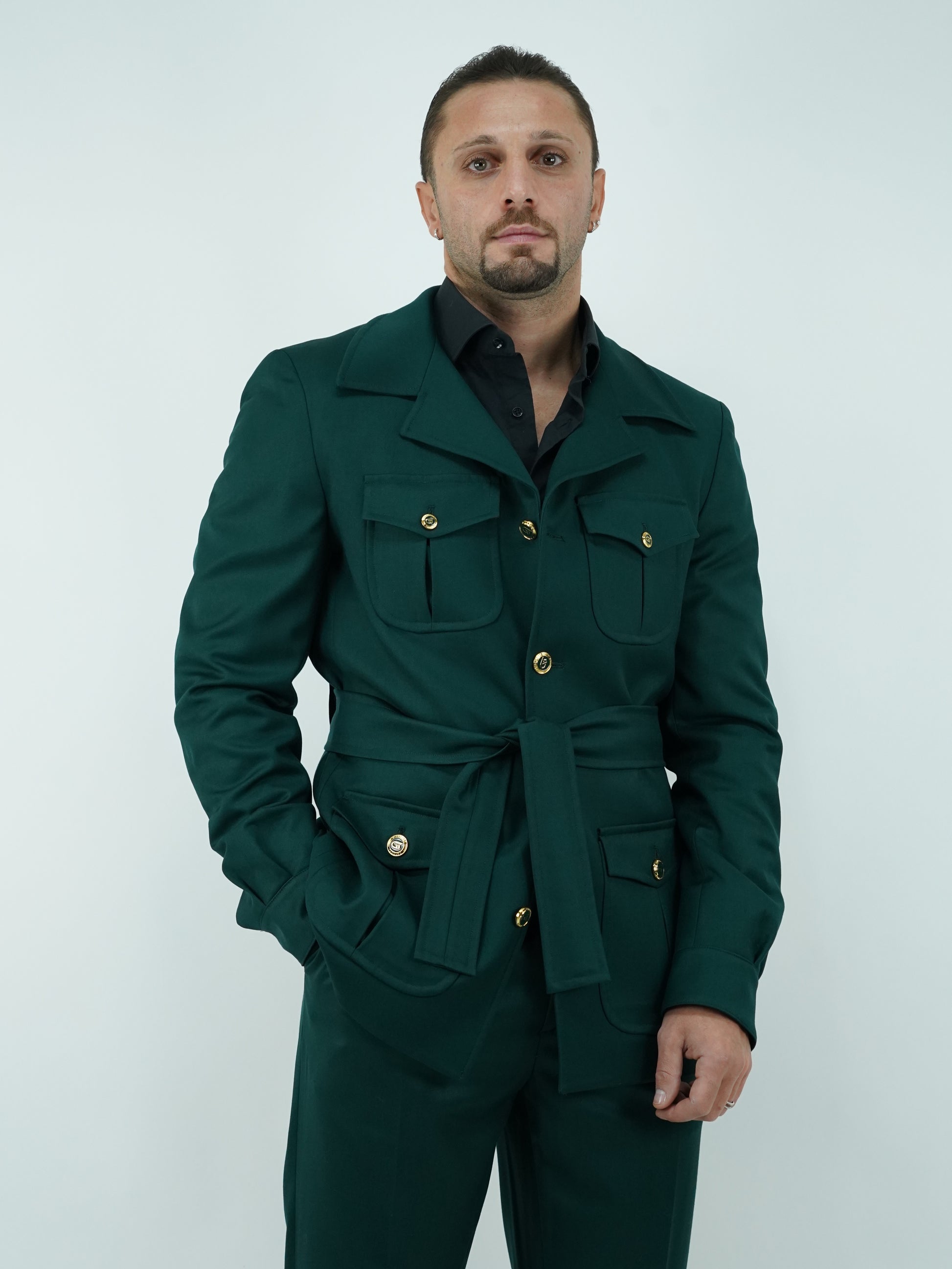 Giacca Safari verde con bottoni oro