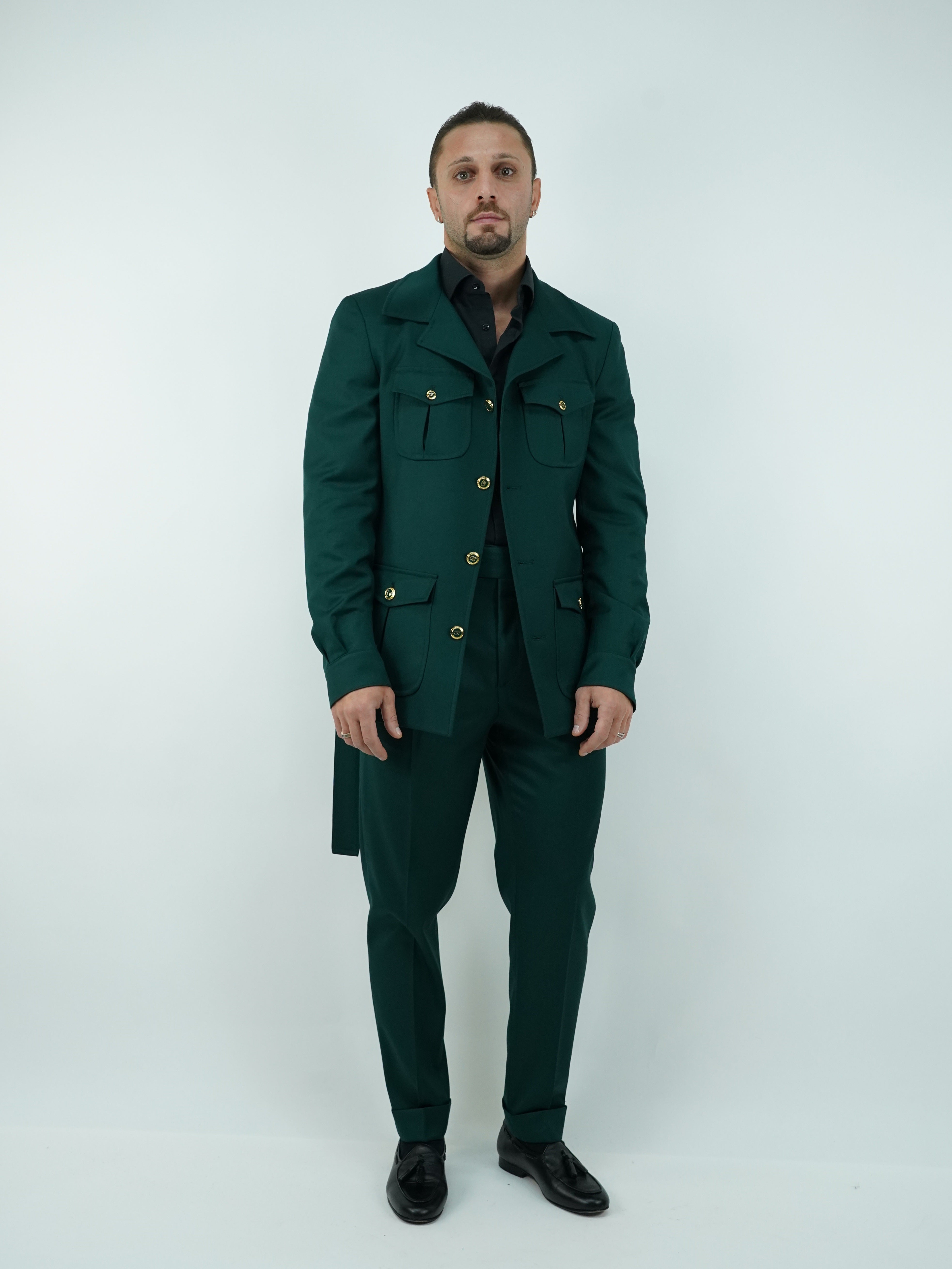 Giacca Safari verde con bottoni oro