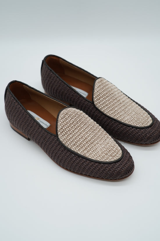 Mocassini pantofola in rafia bicolore moro/beige