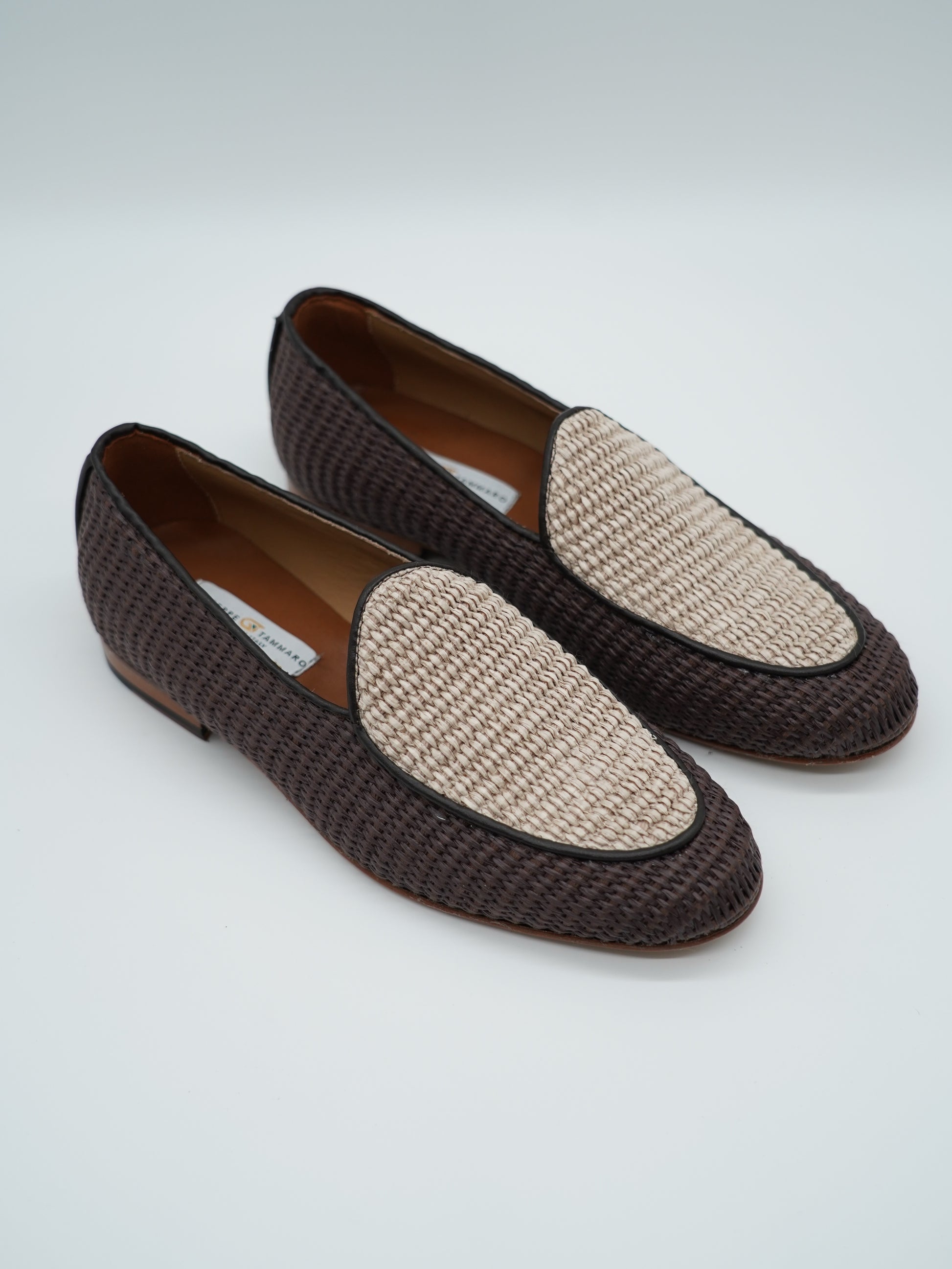 Mocassini pantofola in rafia bicolore moro/beige