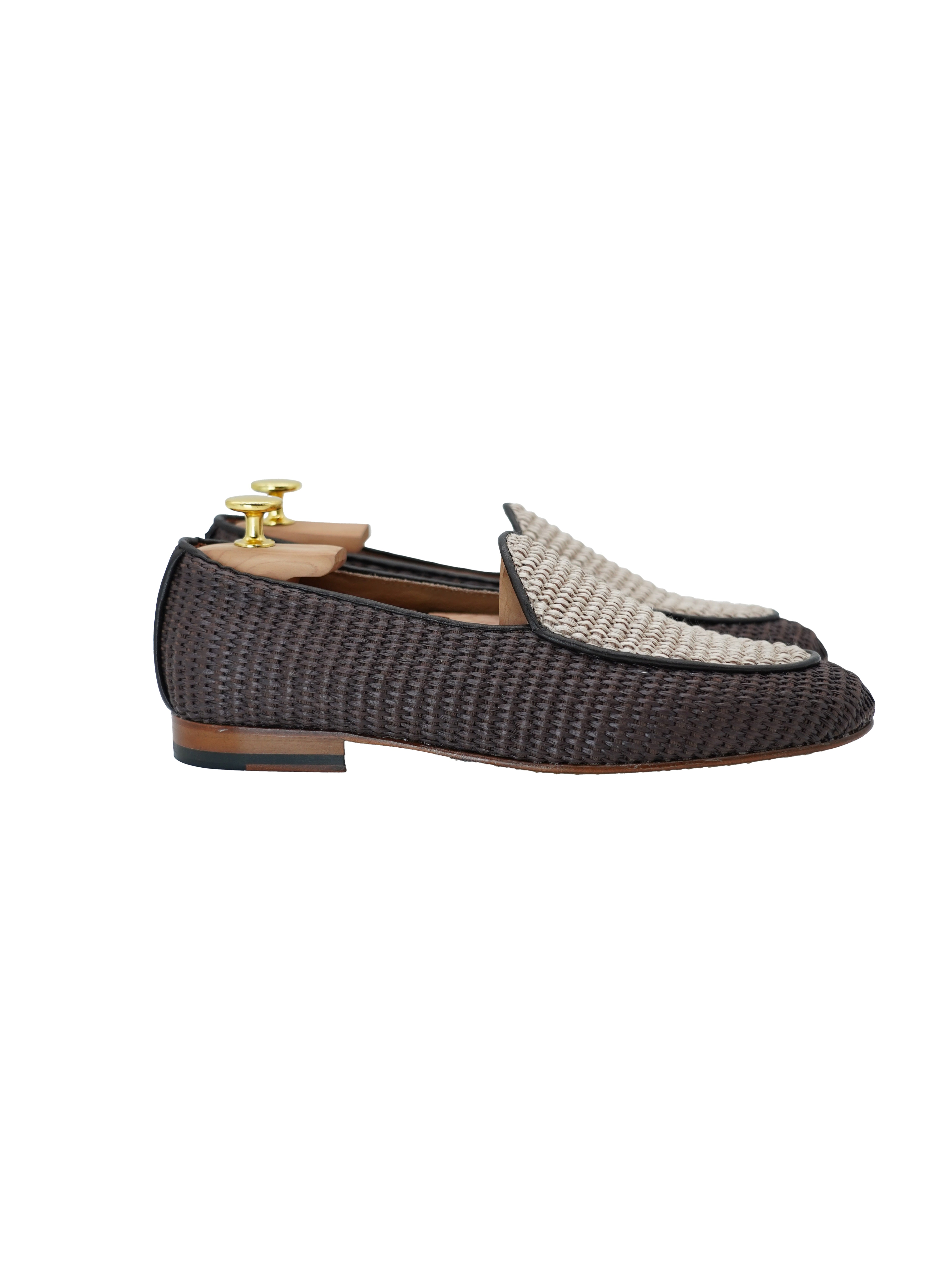 Mocassini pantofola in rafia bicolore moro/beige