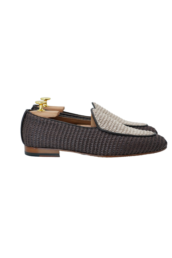 Mocassini pantofola in rafia bicolore moro/beige