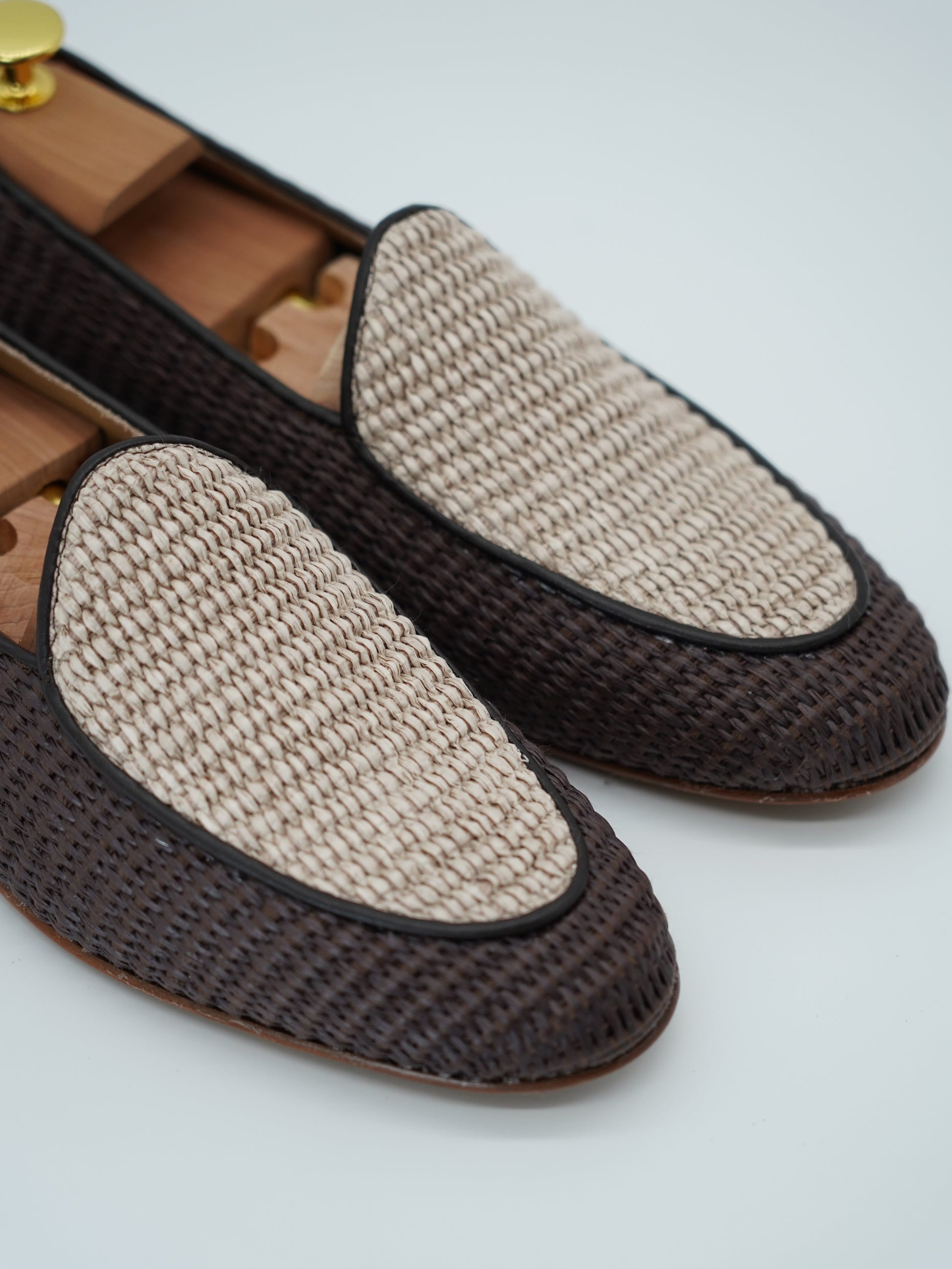 Mocassini pantofola in rafia bicolore moro/beige