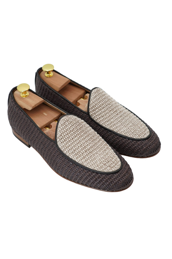 Mocassini pantofola in rafia bicolore moro/beige