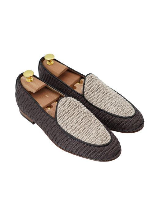 Mocassini pantofola in rafia bicolore moro/beige