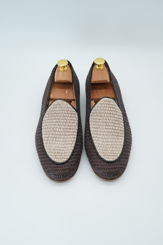 Mocassini pantofola in rafia bicolore moro/beige