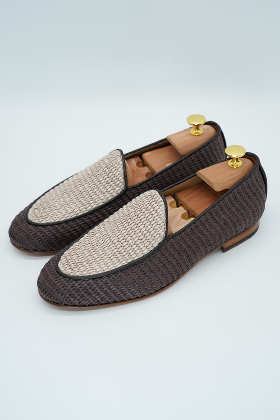 Mocassini pantofola in rafia bicolore moro/beige