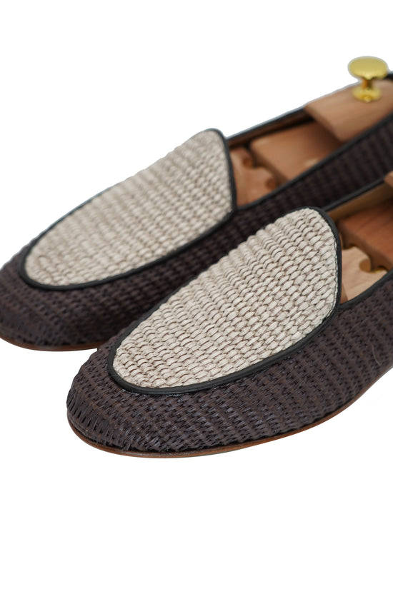 Mocassini pantofola in rafia bicolore moro/beige