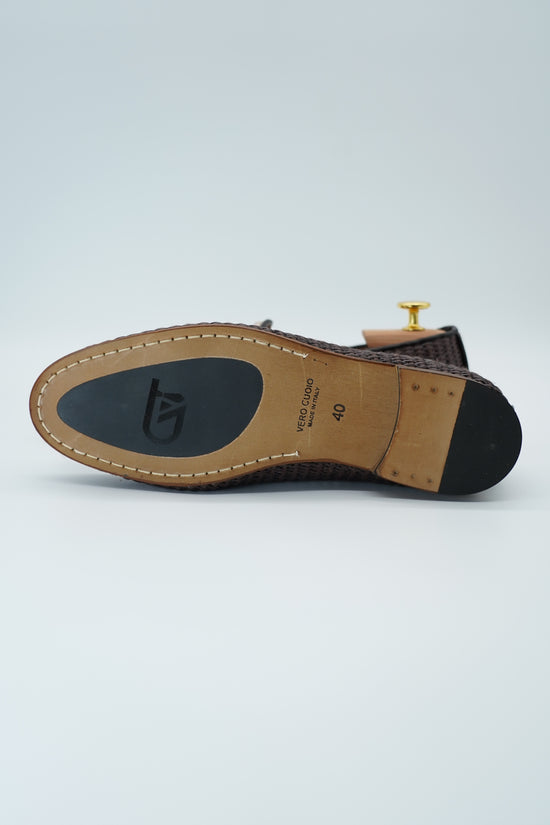 Mocassini pantofola in rafia bicolore moro/beige
