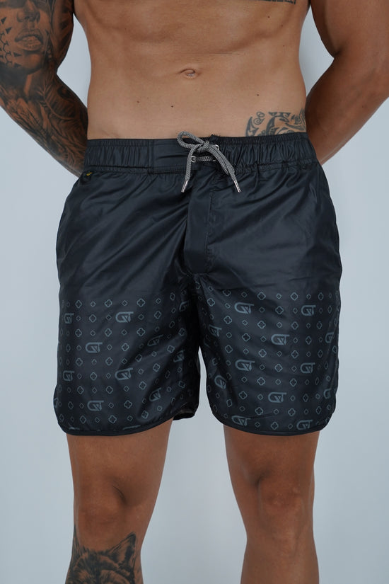 Shorts da mare monogram fondo nero stampa grigia, tessuto anti goccia idrorepellente