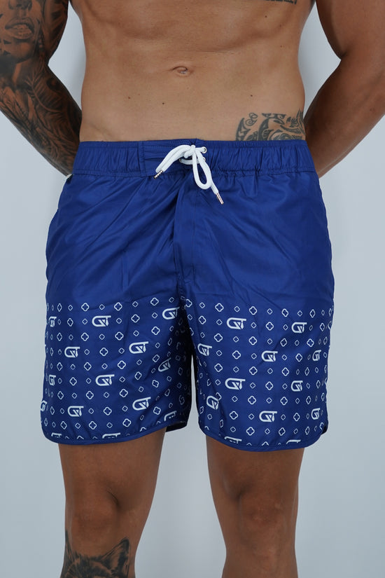 Shorts da mare monogram fondo blu stampa bianca, tessuto anti goccia idrorepellente