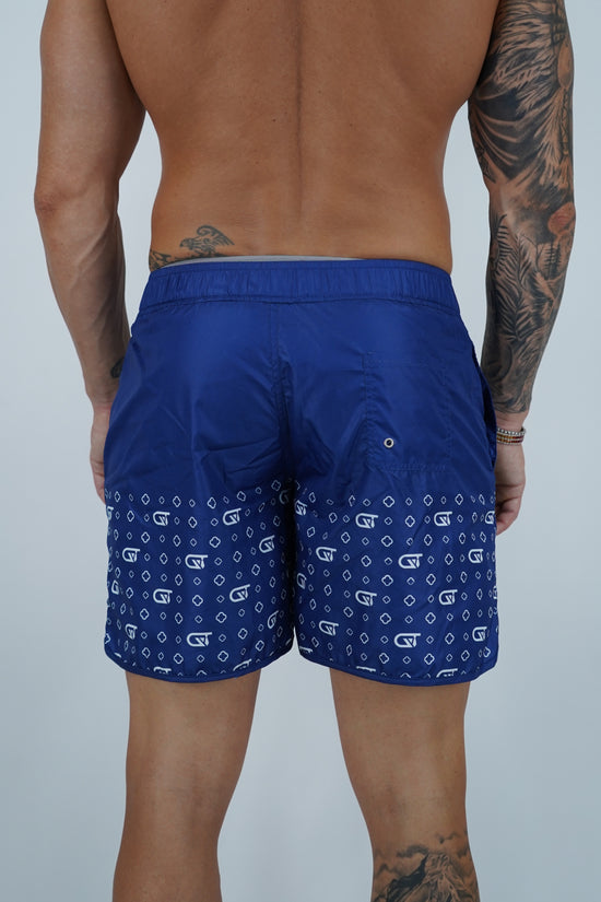 Shorts da mare monogram fondo blu stampa bianca, tessuto anti goccia idrorepellente