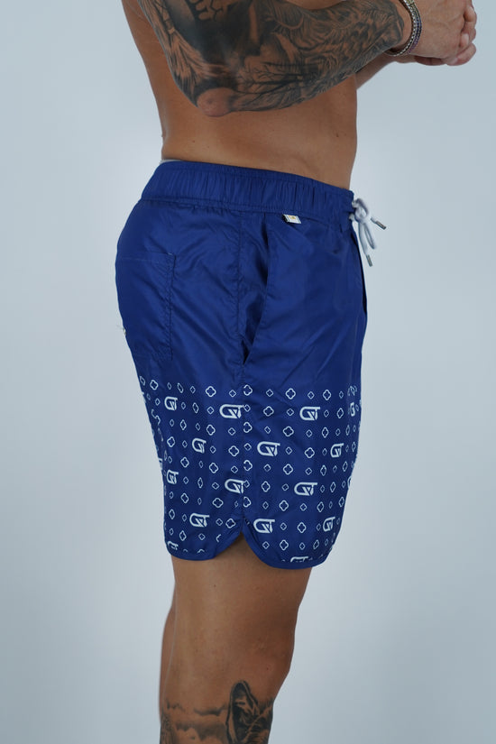 Shorts da mare monogram fondo blu stampa bianca, tessuto anti goccia idrorepellente