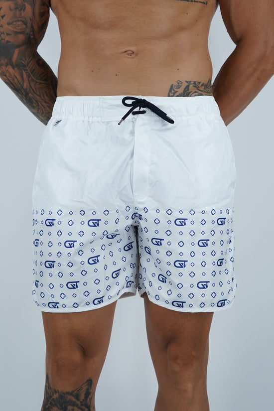 Shorts da mare monogram fondo bianco stampa blu, tessuto anti goccia idrorepellente